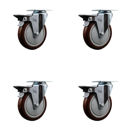 Service Caster 5'' Maroon Poly Wheel Swivel Top Plate Caster Set with Posi Brake, 4PK SCC-20S514-PPUB-MRN-PLB-4